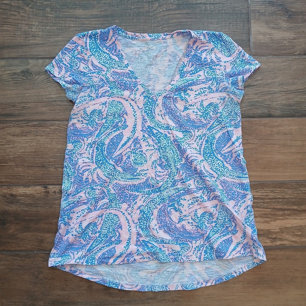 Lilly Pulitzer Shirt Womens XXS Blue Alligator‎ Etta V-Neck Pullover 001504